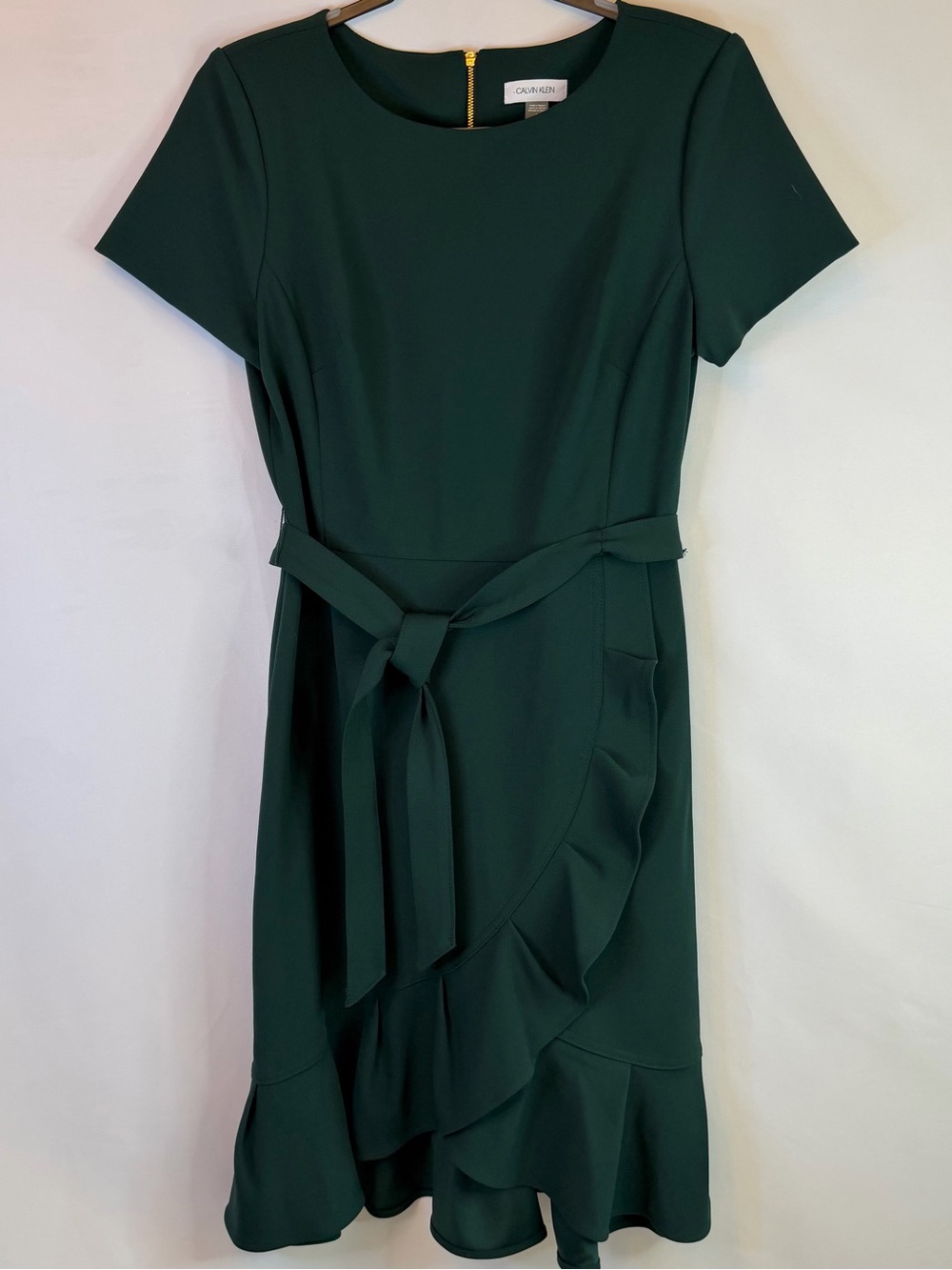 Calvin Klein Womens 10 Dark Green Dress Ruffled Faux Wrap Hem Belted Sheath